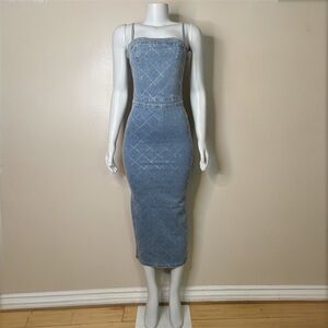 Light blue denim back slit spaghetti strap midi dress with rhinestone details